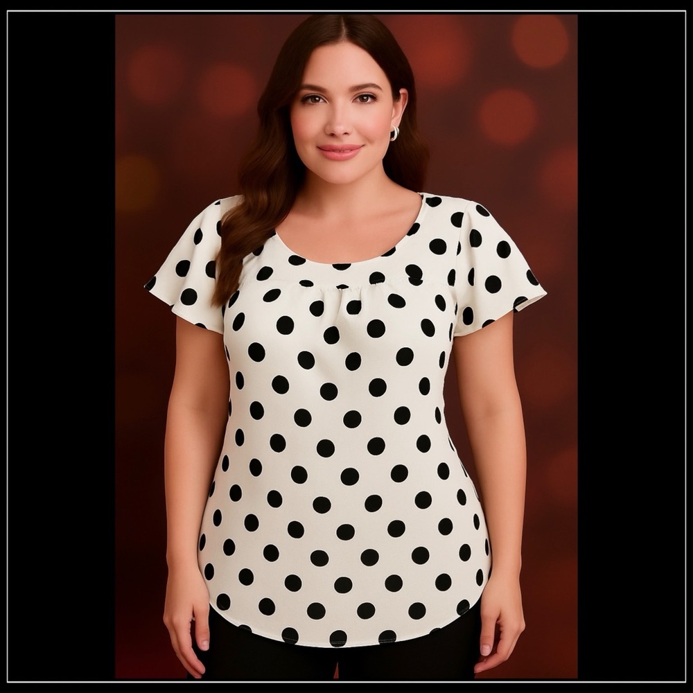 Adara 1X Plus White & Black Polka Dot Flowy Flutter Sleeve Top - Picture 6 of 6